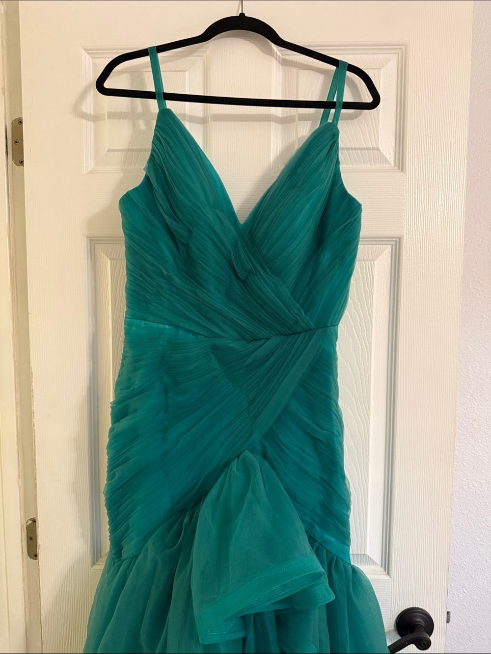 Teal Ruched V-Neck Ruffle Mermaid Dress - Picture 7 of 9